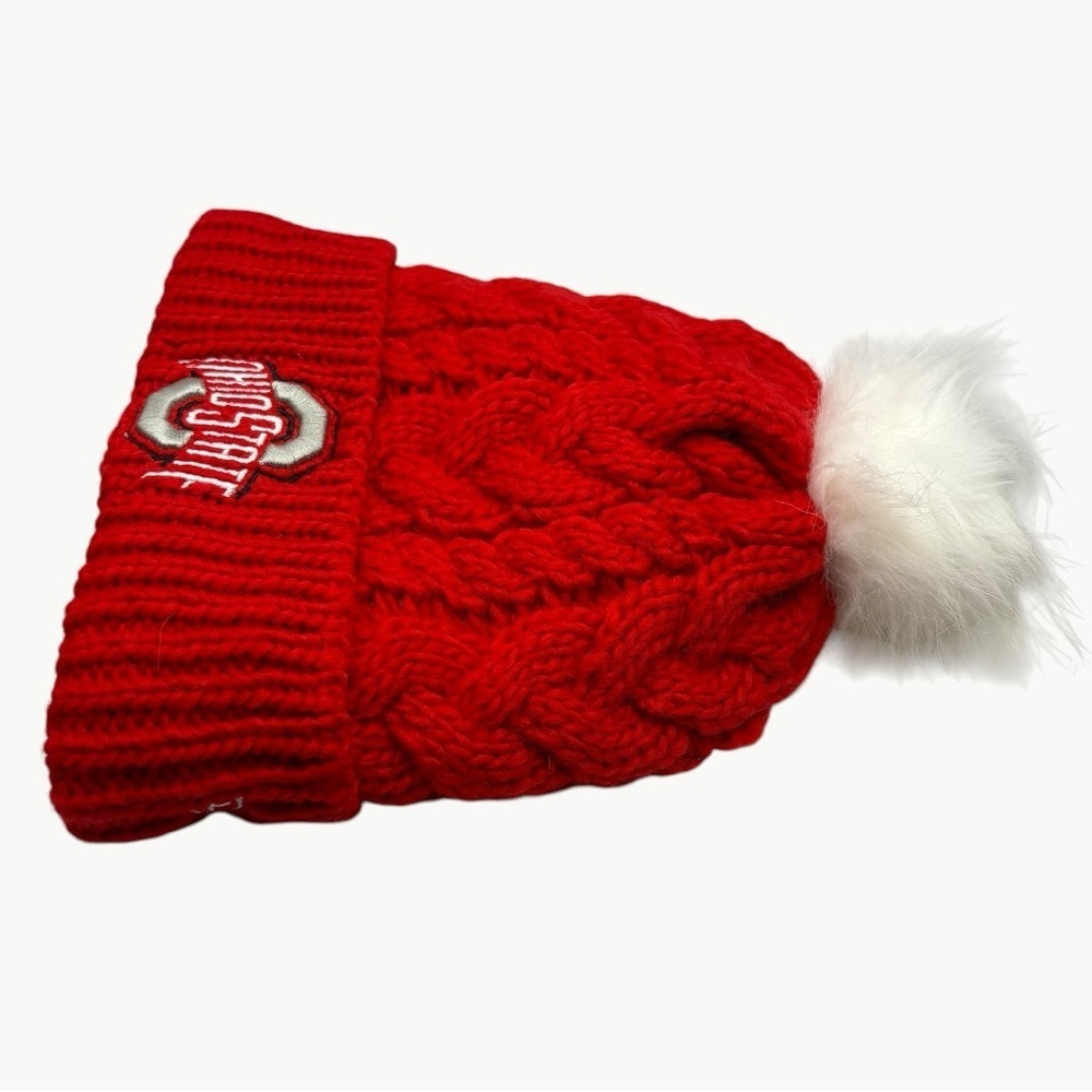 New Era Ohio State Buckeyes Pom Cable Knit Beanie Red OS Fleece Lined Hat - Picture 5 of 10